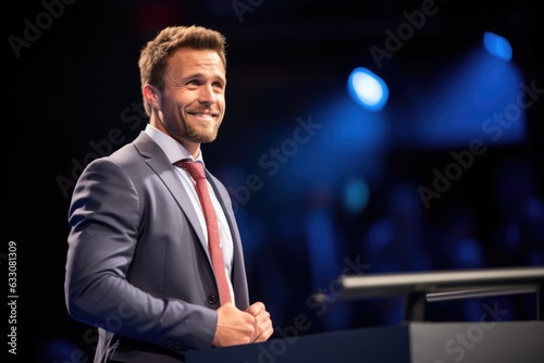 Photography of a pleased, man in his 40s that is wearing a debate team member's formal attire against a stage with a podium background. Generative AI