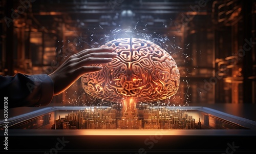 Double exposure of a creative hologram of a human brain microchip. Future technologies and AI concept