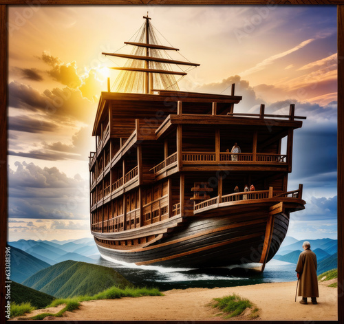 bible story of noah's ark sailing on the great flood - Generative AI photo