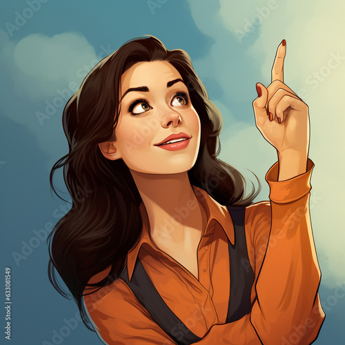 Woman points to sky, nail polish, cartoon style, comic