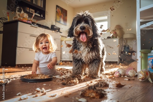 a playful hyperactive cute blond toddler child and a dog misbehaving and making a huge mess in a living-room, throwing around things and shredding paper. Studio light