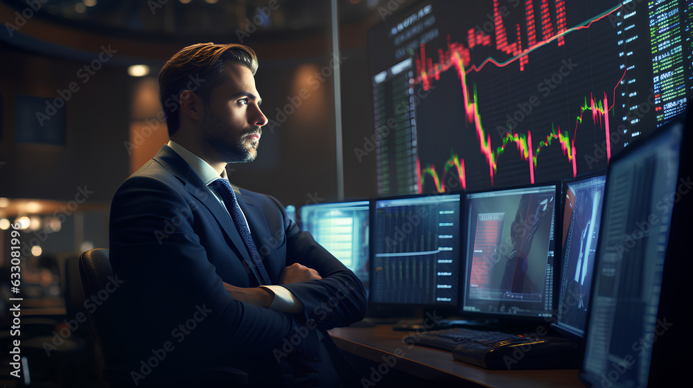 Professional trader in trading room, Businessman looking at stock chart, Generative AI Professional trader in trading room, Businessman looking at stock chart, Generative AI
