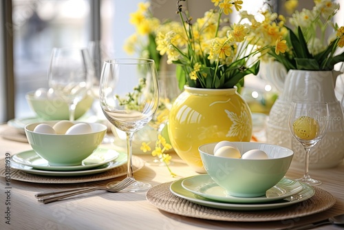 Ideas for decorating the table with Easter themed elements for a homemade spring meal.