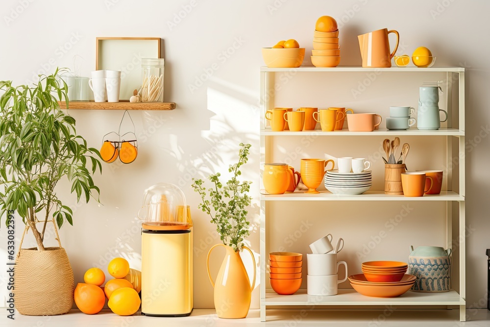 The inside of a contemporary and cozy kitchen. A variety of cups and a teapot in different colors are displayed alongside a glass filled with orange juice and utensils placed on white furniture. A