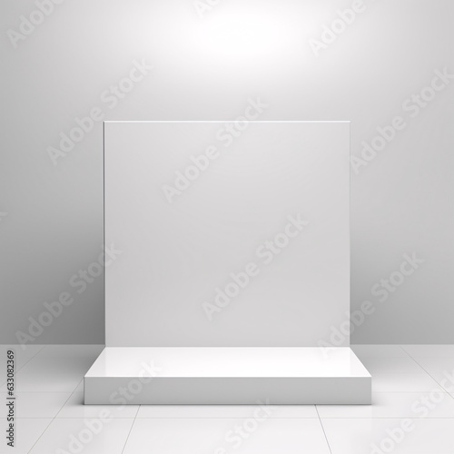 A minimalist white square podium on a clean white background serves as an empty showcase. Elevate your displays with this unadorned pedestal, perfect for spotlighting products.