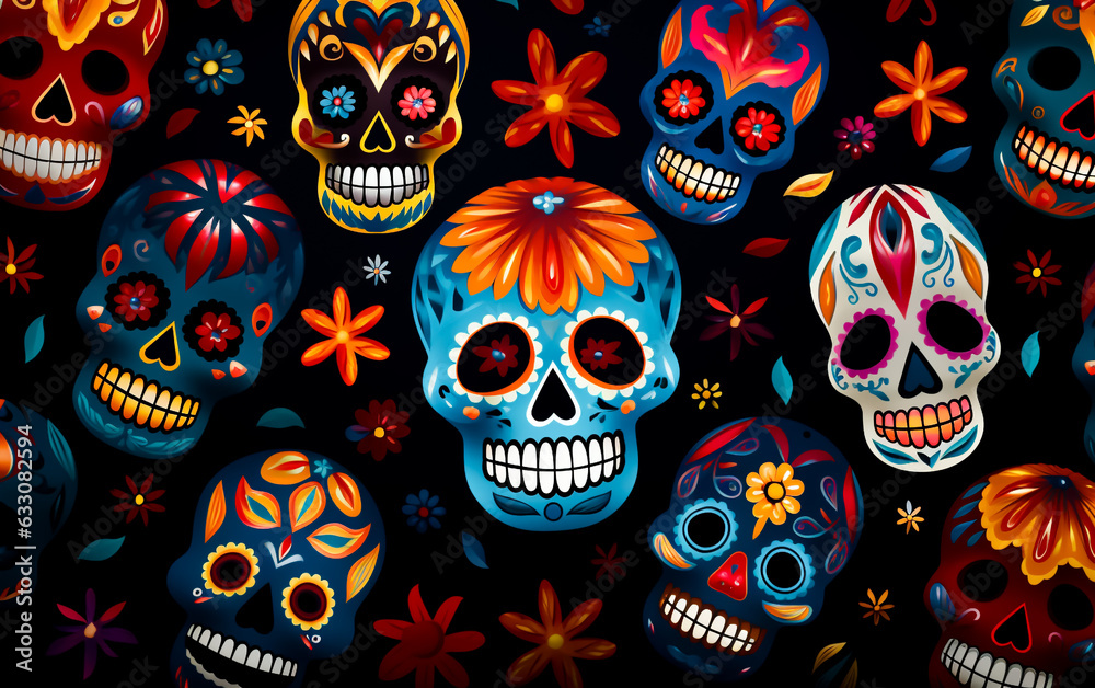 Day of The Dead colorful sugar skull pattern with floral ornaments. Mexican or Latin Halloween celebration