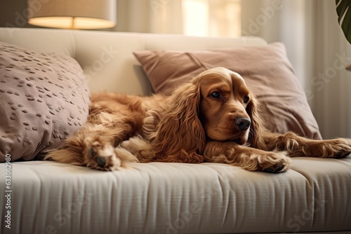 An indoor picture showcasing a cocker spaniel lounging on a cozy bed alongside a soft pillow Fototapet