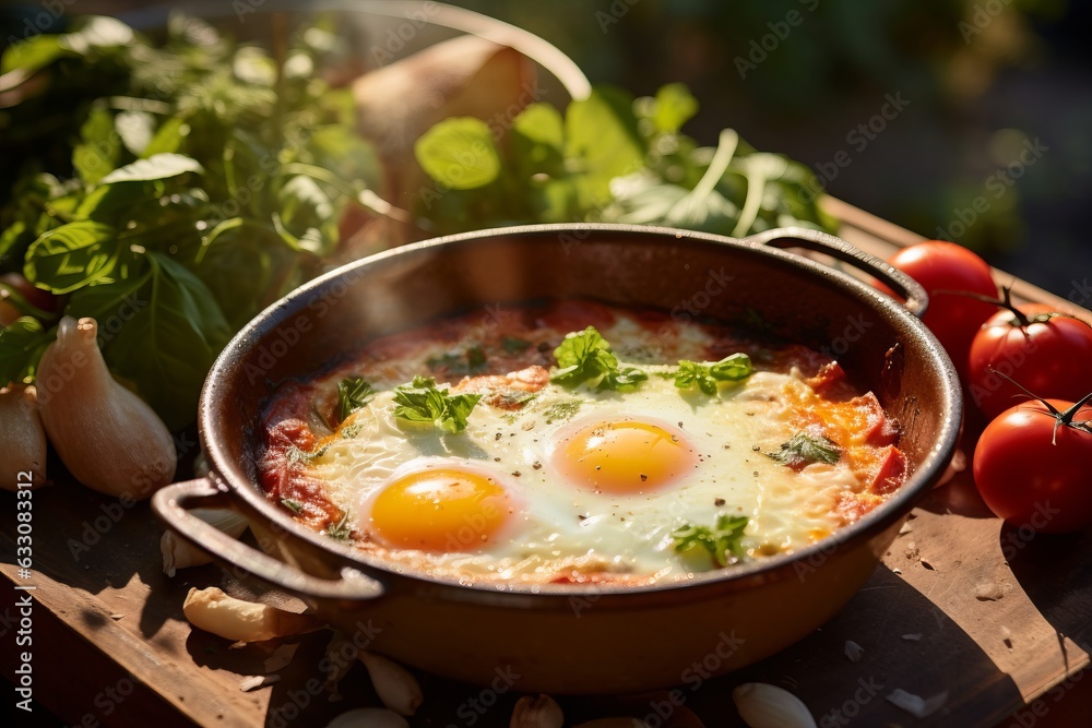 Traditional north african oriental dish shakshouka made of eggs poached in a sauce of tomatoes, olive oil, bell peppers, onion and garlic, spiced with cumin, paprika and cayenne pepper Traditional north african oriental dish shakshouka made of eggs poached in a sauce of tomatoes, olive oil, bell peppers, onion and garlic, spiced with cumin, paprika and cayenne pepper