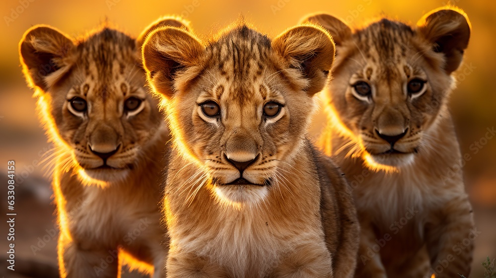 a group of young small teenage lions wild big cats curiously looking straight into the camera, golden hour photo, ultra wide angle lens