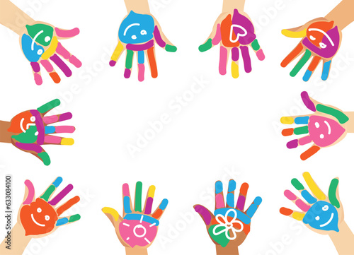 Multiethnic diverse painted colorful hands of children with smile and heart shape isolated vector illustration on white background