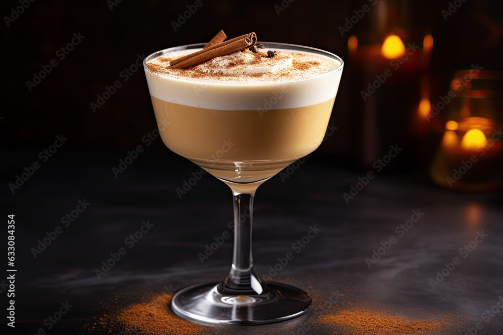 Holiday Christmas eggnog with whipped eggs, cinnamon and nutmeg. Xmas beverage. Generative AI. Holiday Christmas eggnog with whipped eggs, cinnamon and nutmeg. Xmas beverage. Generative AI.