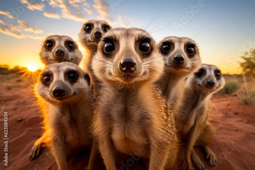 Obraz na plátně a group of young small teenage and adult meerkats curiously looking straight int