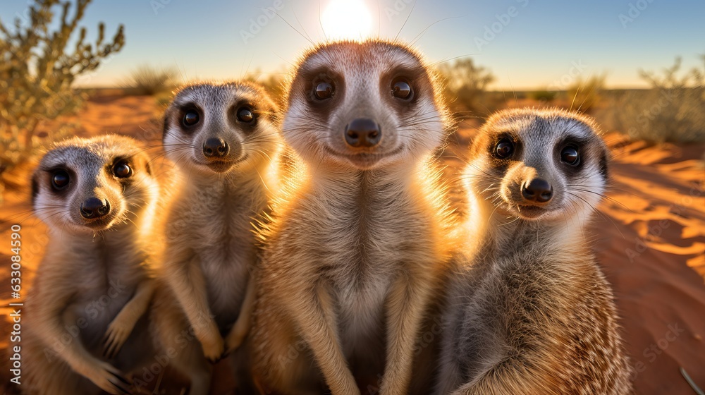 a group of young small teenage and adult meerkats curiously looking straight into the camera, golden hour photo, ultra wide angle lens