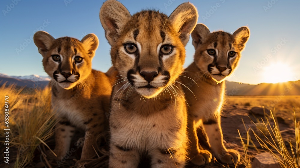 Obraz premium a group of young small teenage pumas wild big cats curiously looking straight into the camera, golden hour photo, ultra wide angle lens