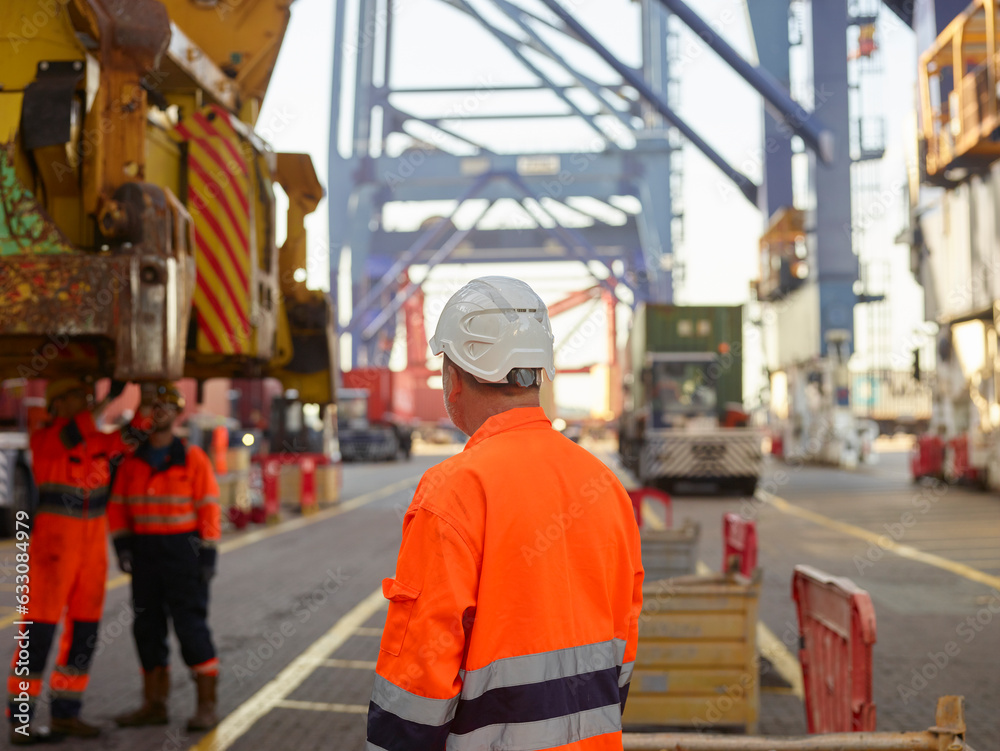 Dock worker in hardhat at Port of Felixstowe, England Dock worker in hardhat at Port of Felixstowe, England