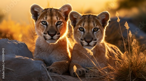 a group of young small teenage pumas wild big cats curiously looking straight into the camera, golden hour photo, ultra wide angle lens © Romana