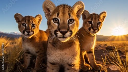a group of young small teenage pumas wild big cats curiously looking straight into the camera, golden hour photo, ultra wide angle lens