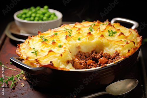 Classic British shepherd's pie with a hearty beef filling topped with creamy mashed potatoes, set against a white baking dish background. This AI-generated illustration perfectly captures the comforti photo