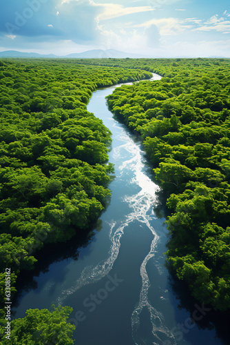 Aerial view of a river running through a lush green forest in Panama Canal