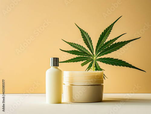cosmetics for face on a light background with marijuana leaves.