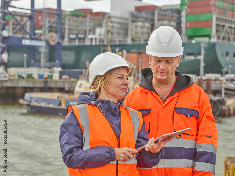 Dock supervisor communicating with worker on digital tablet Dock supervisor communicating with worker on digital tablet