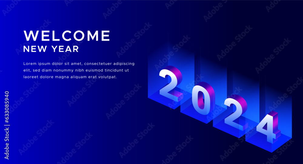 2024, new year celebration 2024, happy new year greetings. Welcome to 2024. A realistic isometric 3D style design, with a modern look