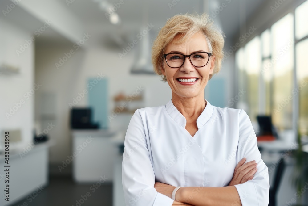 Photography of a pleased, woman in his 60s that is wearing a dentist's professional uniform against a dental clinic background. Generative AI Photography of a pleased, woman in his 60s that is wearing a dentist's professional uniform against a dental clinic background. Generative AI