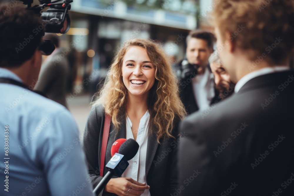 young professional politician woman being interviewed live by a tv broadcast channel with microphones and cameras on a press conference outside on the city street. Generative AI - obrazy, fototapety, plakaty 