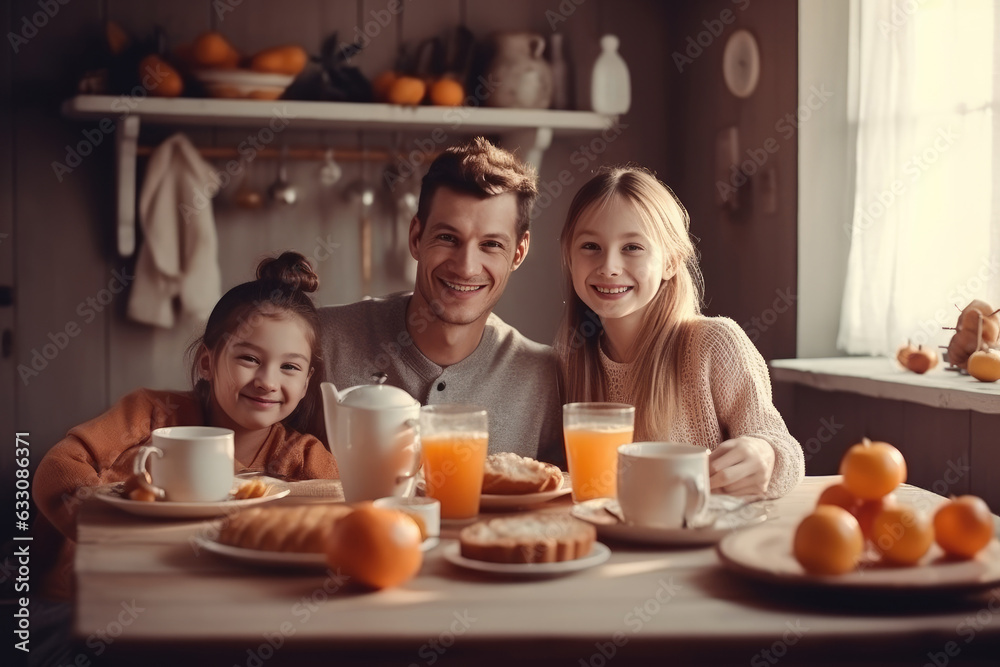 The warm and inviting image captures a family of three enjoying breakfast together in a bright and airy kitchen. The high-key lighting creates a bright and cheerful atmosphere. Generative AI, AI. The warm and inviting image captures a family of three enjoying breakfast together in a bright and airy kitchen. The high-key lighting creates a bright and cheerful atmosphere. Generative AI, AI.