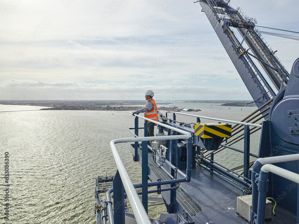 Dock worker looking at view from crane railing