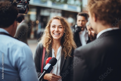 Canvas Print young professional politician woman being interviewed live by a tv broadcast channel with microphones and cameras on a press conference outside on the city street