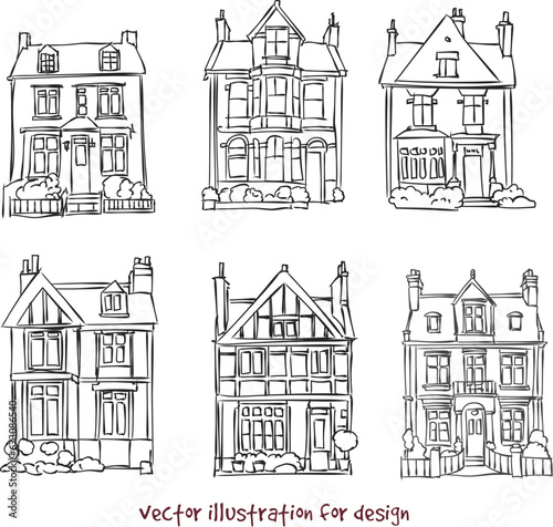 vector sketch of wooden and brick houses