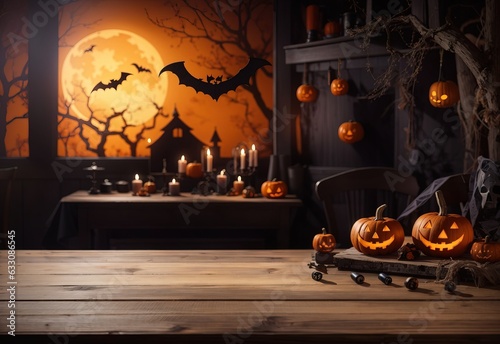Empty wooden table with Halloween in background