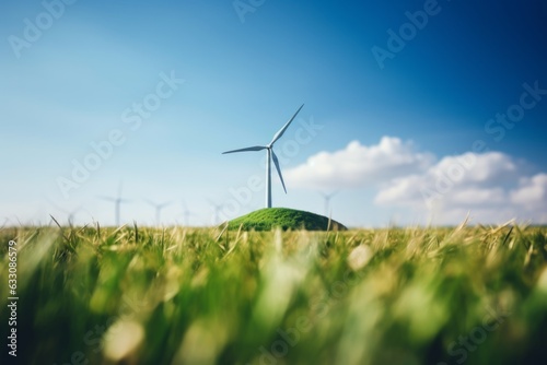 wind turbine on green grass under blue skies sustainable energy concept, in the style of landscapes, nature-inspired imagery © vasyan_23