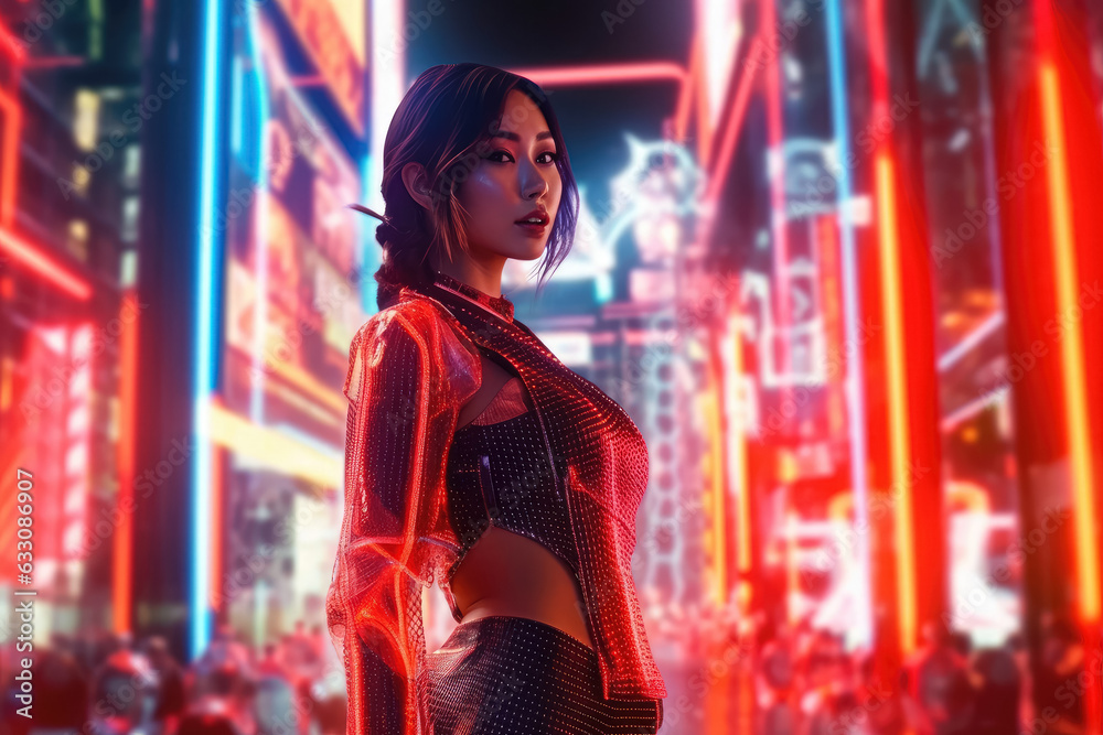 A beautiful Thai girl dressed in a skirt stands against a backdrop of red neon lights illuminating the cityscape. Generative AI, AI.