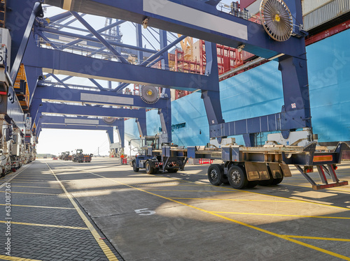 Container ship with cargo cranes, Felixstowe, England.