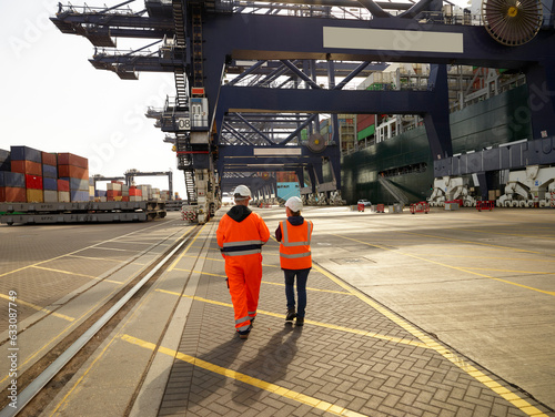 Wallpaper Mural Rear view of two dock workers walking along dockyard, Felixstowe, England. Torontodigital.ca