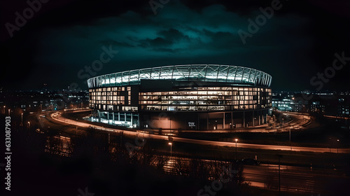 view of football stadium building at night ,soccer stadium at night ,generative ai