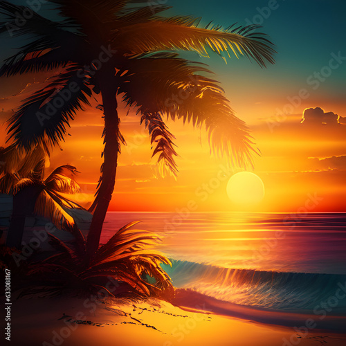 Summer sunset beach with palms and background illustration