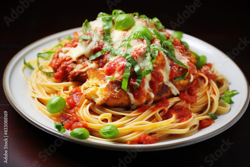 Delicious chicken parmesan served with spaghetti, tomato sauce, and fresh basil. This AI-generated illustration highlights the rich flavors of Italian cuisine, featuring a classic dish that combines c