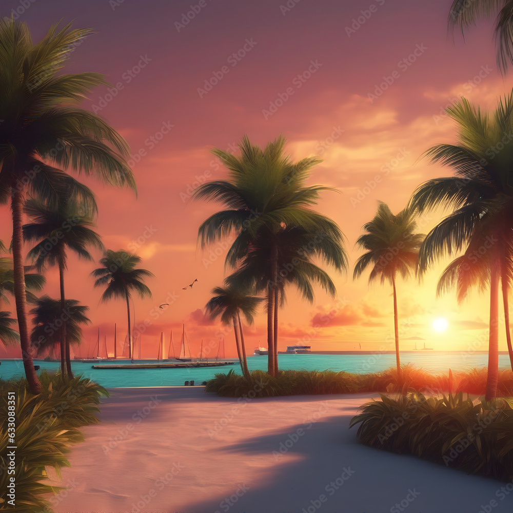 Summer sunset beach with palms and background illustration