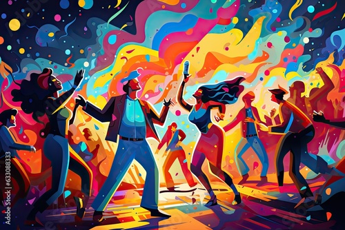 Abstract bright multicolored illustration of dancing people in a nightclub or open air festival.