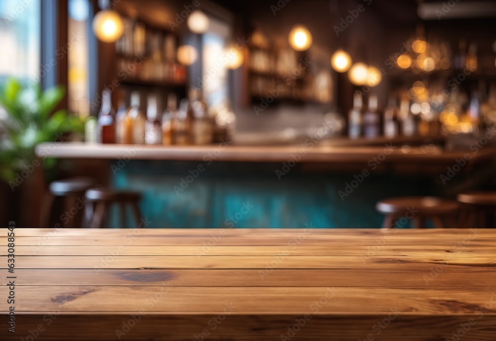 Empty wooden table and countertop with blurred bar background for product placement design