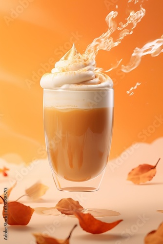 Advertisement studio banner with splashing pumpkin spice latte and whipped cream topping flying in the air on pastel gradient background. Food ingredient levitation.