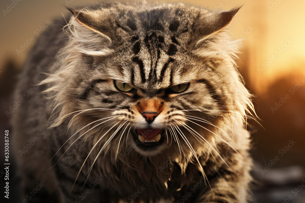 Portrait of an aggressive angry british longhair cat.