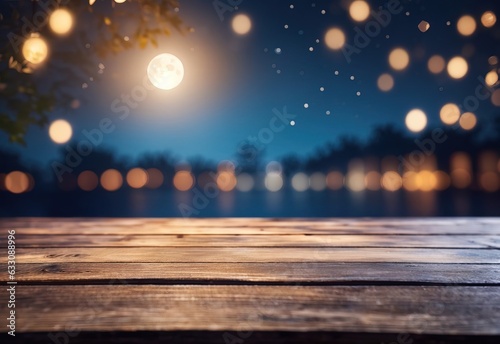 Empty wood table top with blur moon with bokeh light background