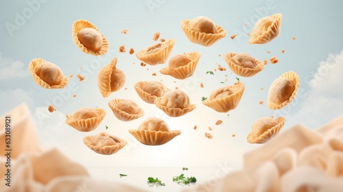 Advertisement studio banner with fresh italian dumplings ravioli flying in the air on pastel gradient background. Food ingredient levitation