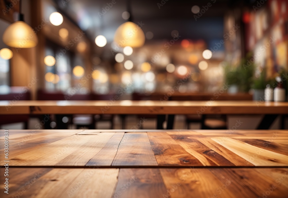 Empty wood table top on abstract blurred restaurant background Empty wood table top on abstract blurred restaurant background