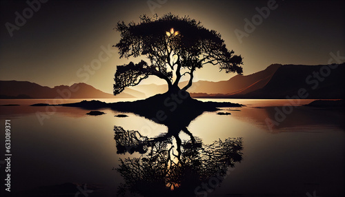 Silhouette of a tree reflecting on lake water with sun rays in the background, Ai generated image