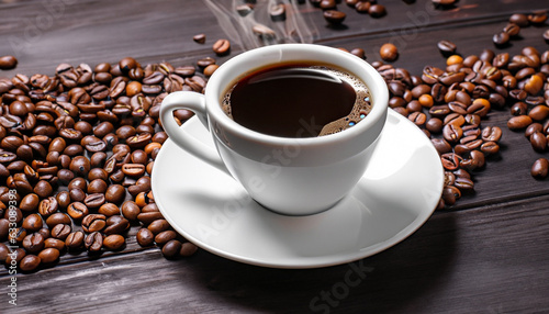 Coffee cup and coffee beans on wooden background. Fresh tasty espresso cup of hot coffee with coffee beans on dark background
